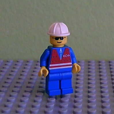 LEGO Minifigure-Red Vest and Zipper - Blue Legs, White Construction Helmet, Sunglasses-Train-TRN057-Creative Brick Builders